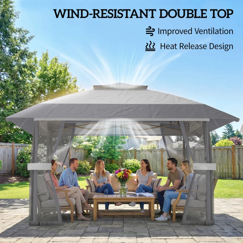 Outsunny Paviljoen 4x4m Waterdicht Verstelbaar Pop-up Inklapbaar Paviljoen met Dubbel Dak en 4 Netpanelen, UV 30+ Lichtgrijs