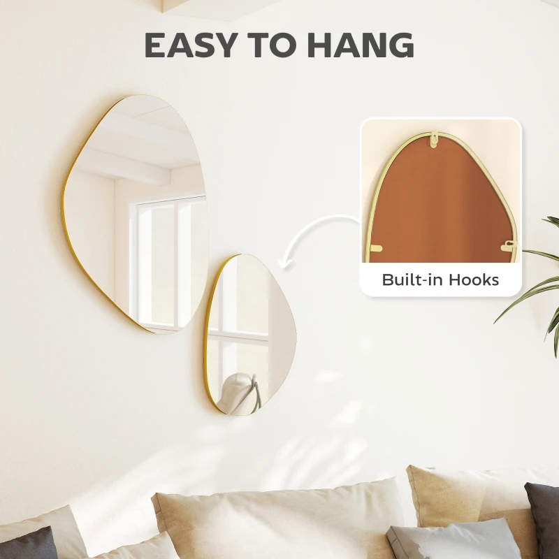 HOMCOM Set of 2 Pebble-Shaped Wall Mirror - Gold Tone