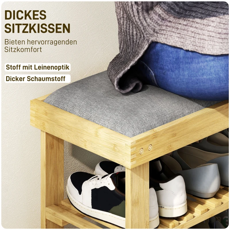 HOMCOM Schuhbank mit Sitzfläche, Bambus Sitzbank mit Stauraum, 2 offene Fächer, Sitzbank 60 x 29 x 49 cm Grau
