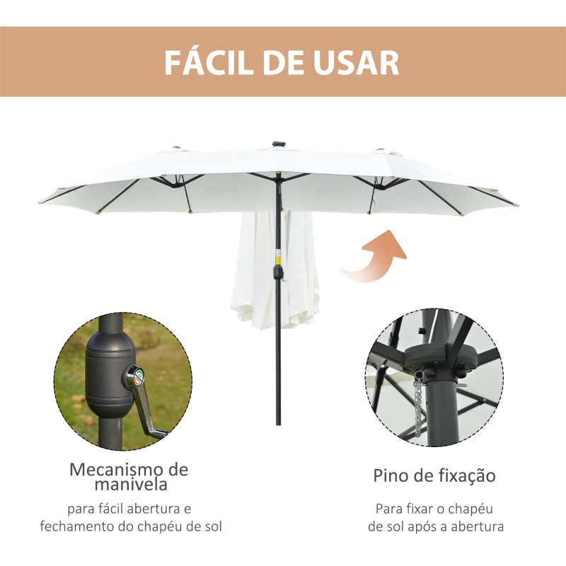 Outsunny Chapéu de Sol Duplo com 48 Luzes LED 4,5x2,65 m Manivela Proteção Solar para Terraço Jardim Piscina Creme