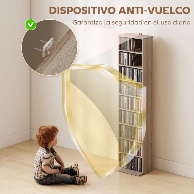 HOMCOM Estantería para CDs y DVDs con Estantes Ajustables Diseño Estrecho y Antivuelco para 260 CDs 33x24x140 cm Madera Natural