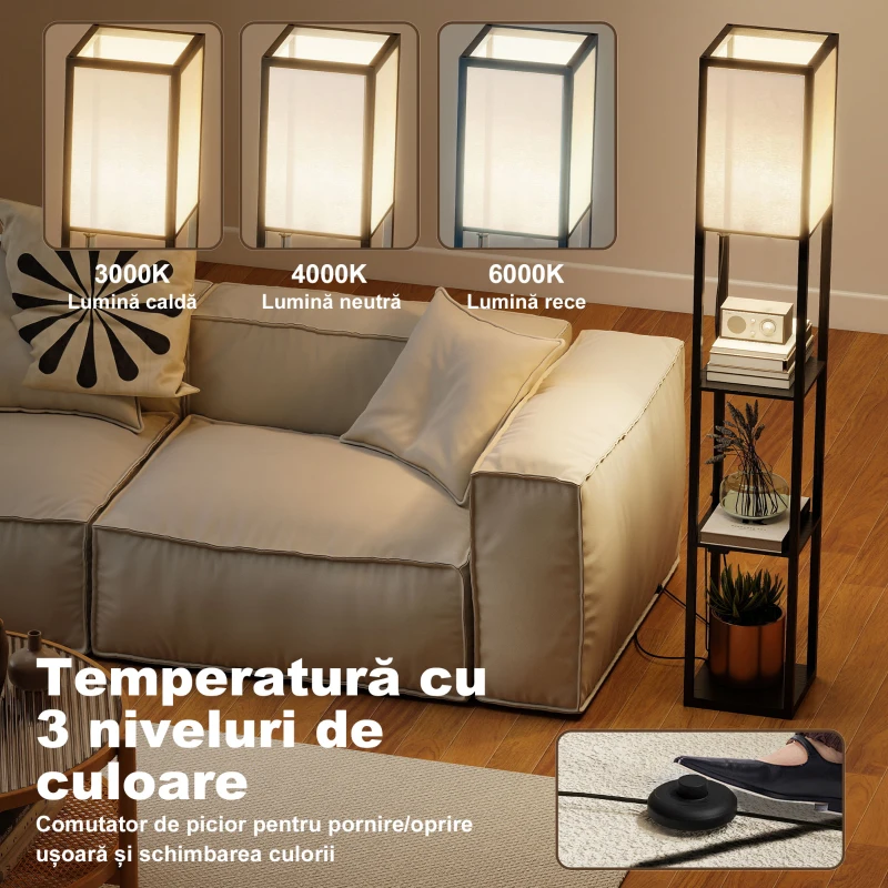 Lampă de Podea HOMCOM LED cu Rafturi, Lampă Modernă cu Comutator și Porturi USB, Lumină Reglabilă pentru Living și Dormitor, Neagră