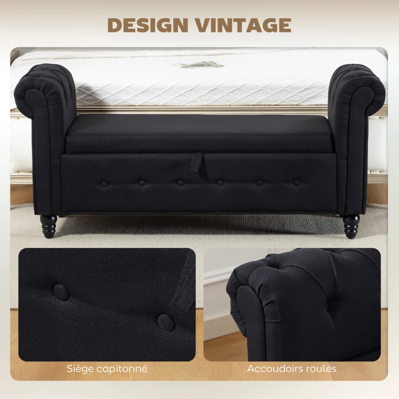 HOMCOM Banc banquette coffre 2 en 1 en tissu aspect lin avec pieds en bois 146,5 x 49 x 72 cm noir(m-6)