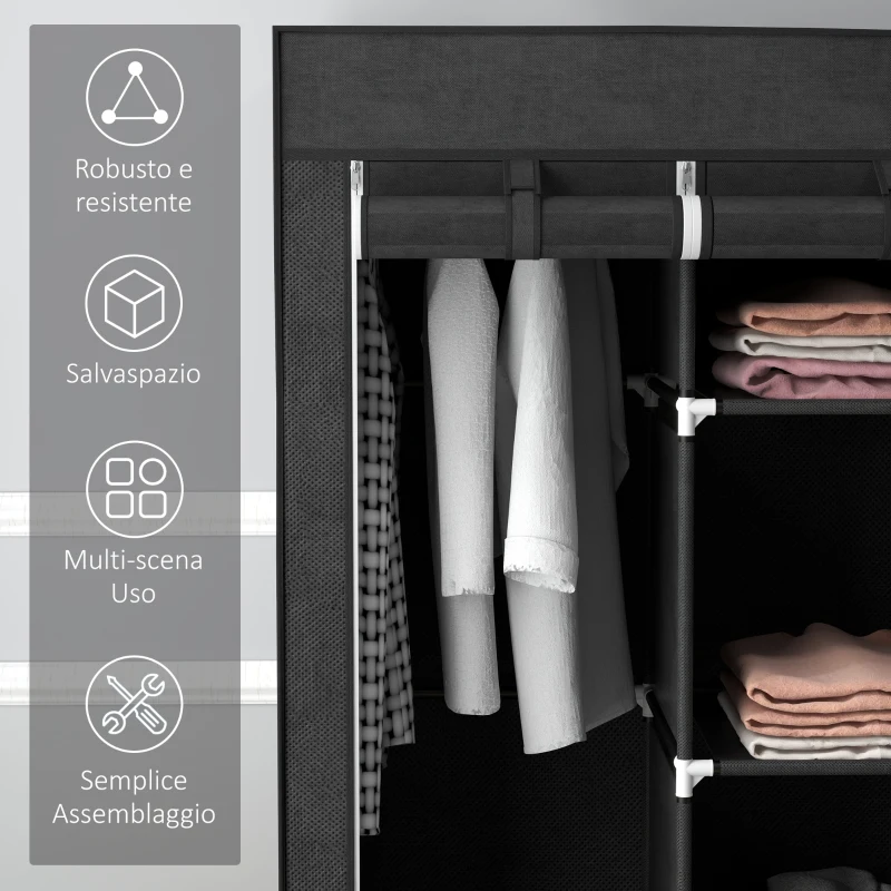 HOMCOM Armadio in Tessuto Guardaroba Pieghevole Salvaspazio 125x43x162.5cm Nero