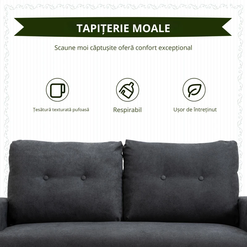 Homcom Canapea 2 Locuri – Gri, Spatar Matlasat & Cadru Lemn