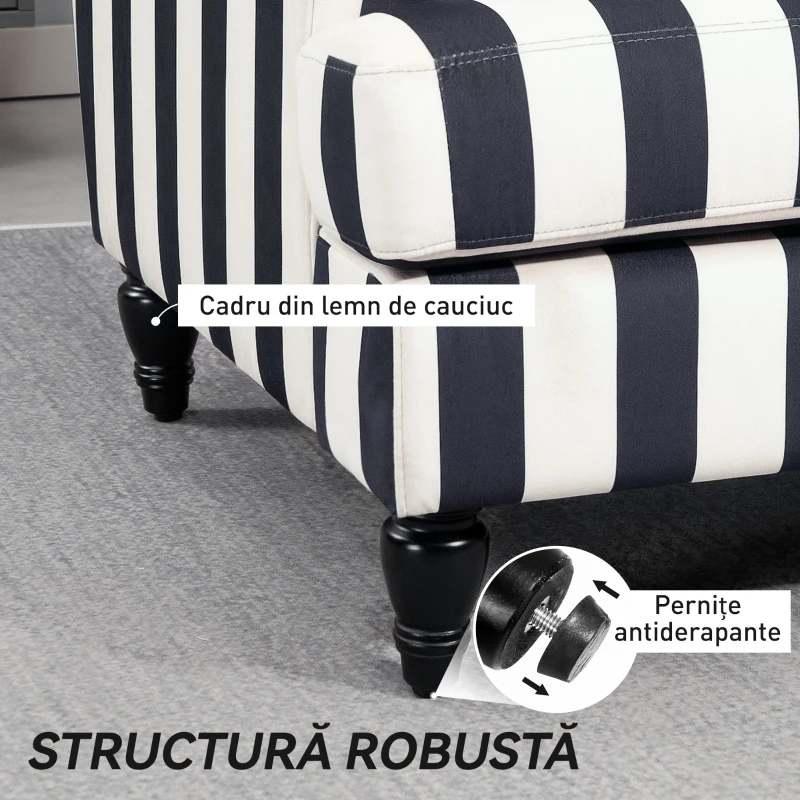 HOMCOM Fotoliu de Living cu Șezut Larg și Cotiere Lungi, Fotoliu din Catifea cu Dungi și Umplutură Groasă, 115x82x82 cm, Negru și Alb