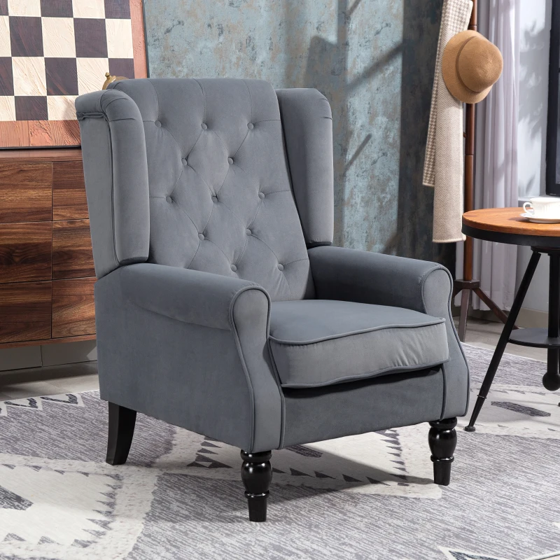 HOMCOM Wingback Accent Chair, Retro Upholstered Button Tufted Occasional Chair for Living Room and Bedroom, Grey