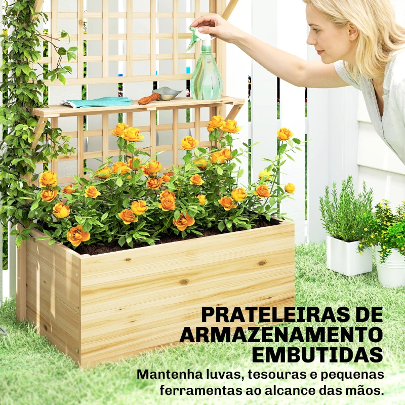 Outsunny Jardineira com Treliça e Teto em Madeira para Plantas Trepadeiras com 2 Prateleiras Drenagem e Forro 76x43,5x177 cm Natural