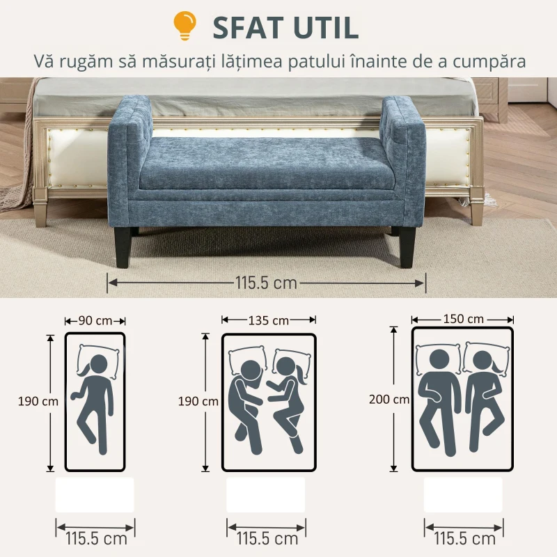 HOMCOM Bancă Capitonată pentru Dormitor cu Brațe, 2 Perne Cilindrice și Picioare din Lemn, 115,5x45x56 cm, Gri(m-7)