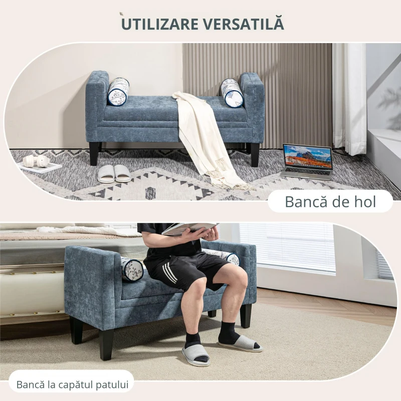 HOMCOM Bancă Capitonată pentru Dormitor cu Brațe, 2 Perne Cilindrice și Picioare din Lemn, 115,5x45x56 cm, Gri(m-4)