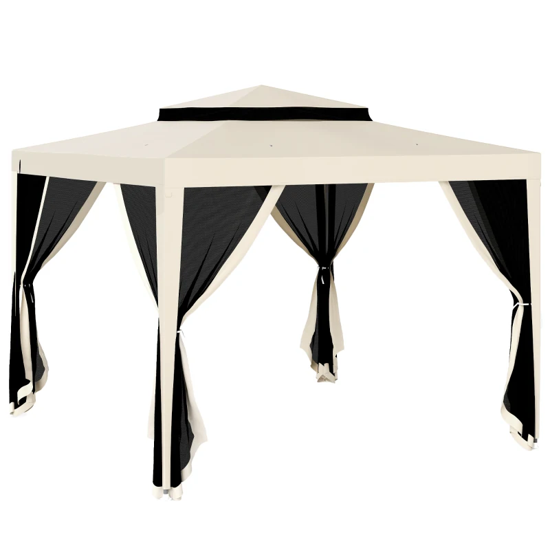 Outsunny Gazebo da Giardino 3x3m con Zanzariera, Doppio Tetto e Telaio in Metallo, Beige