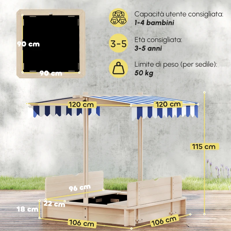 Outsunny Sabbiera per Bambini in Legno con Tettuccio Parasole, Panca e Coperchio, 106x106x115 cm Bianco e Blu