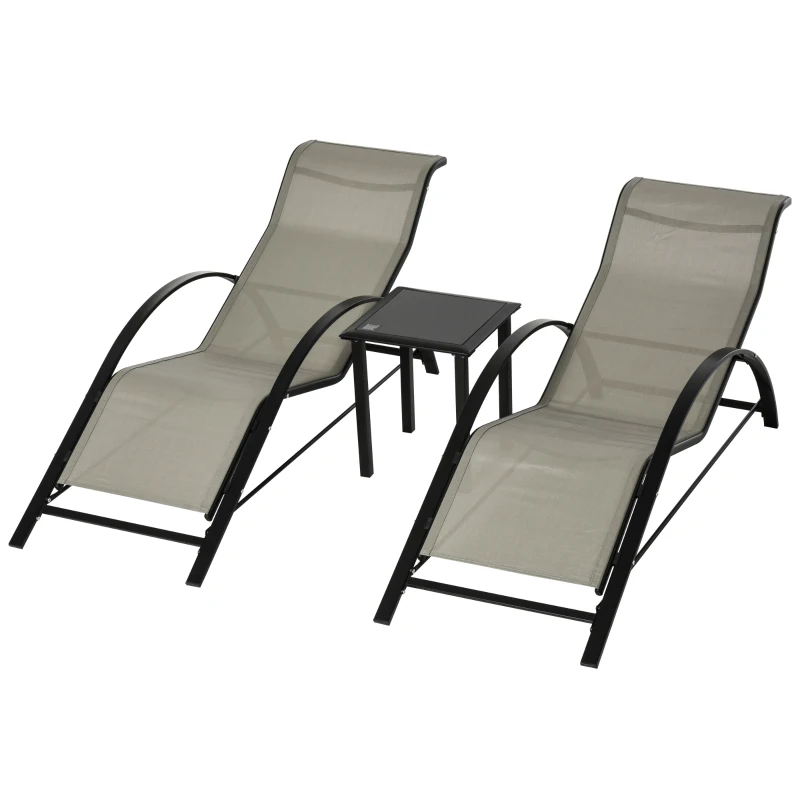 Outsunny 3 Pieces Sun Lounger Chair Set, Metal Frame Garden Outdoor Sunbathing Chair with Side Table and Armrest, Grey