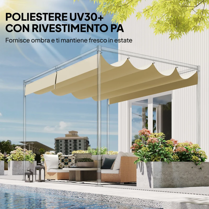 Outsunny Telo Pergola per Esterni Anti UV in Poliestere Beige con 8 Fori di Drenaggio, 392x350 cm