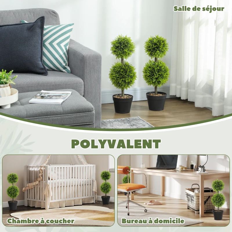 HOMCOM Lot de 2 plantes artificielles décoratives, boules de buis artificiel 60 cm avec pot, plastique, vert