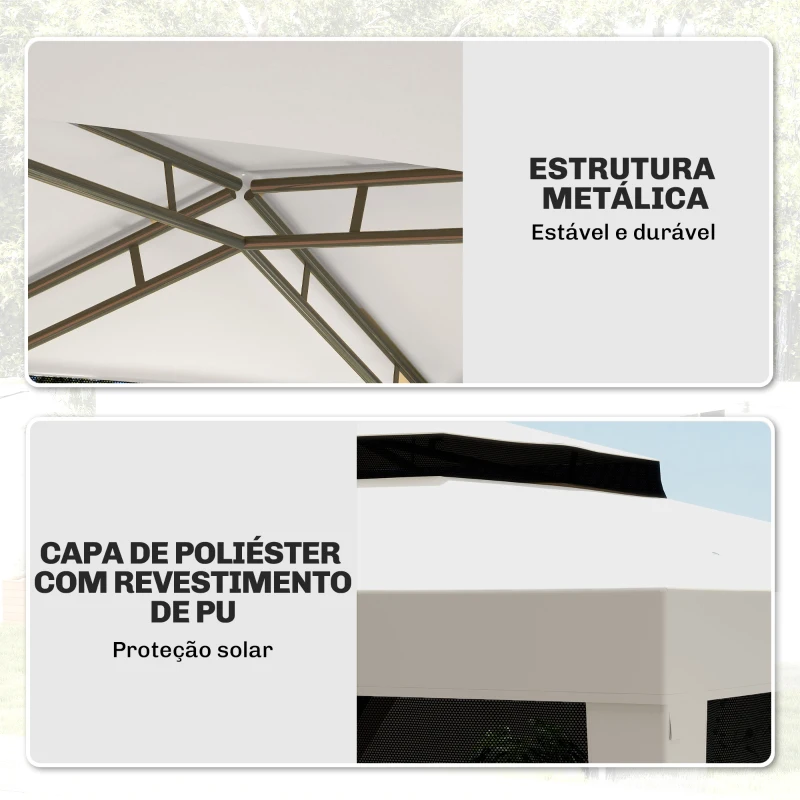 Outsunny Pérgola de Jardim com 4 Mosquiteiras Teto Duplo 8 Orifícios de Drenagem e Estrutura de Metal 297x297x268 cm Creme