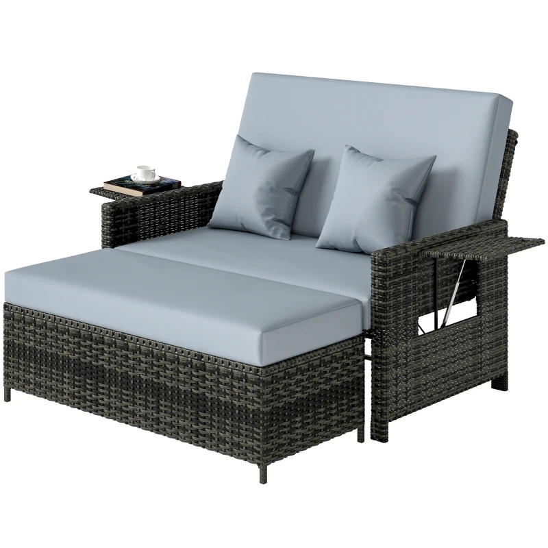 Outsunny Sofa ogrodowa z technorattanu, zestaw 2-osobowy, leżak ogrodowy, podnóżek, kolor szary