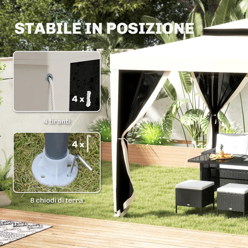 Outsunny Gazebo da Giardino 3x3 m con Zanzariera, Doppio Tetto e 8 Fori, in Acciaio e Poliestere Bianco Crema
