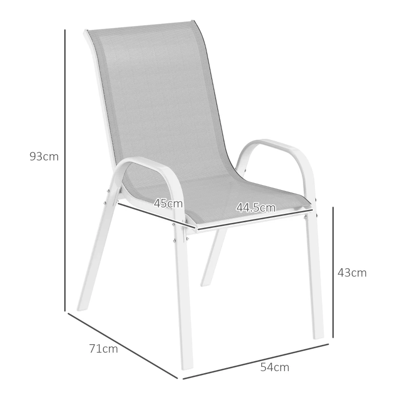 Outsunny Set 4 Sedie da Giardino Impilabili con Braccioli Curvi, in Acciaio e Tessuto Traspirante, 54x71x93 cm, Grigio Bianco