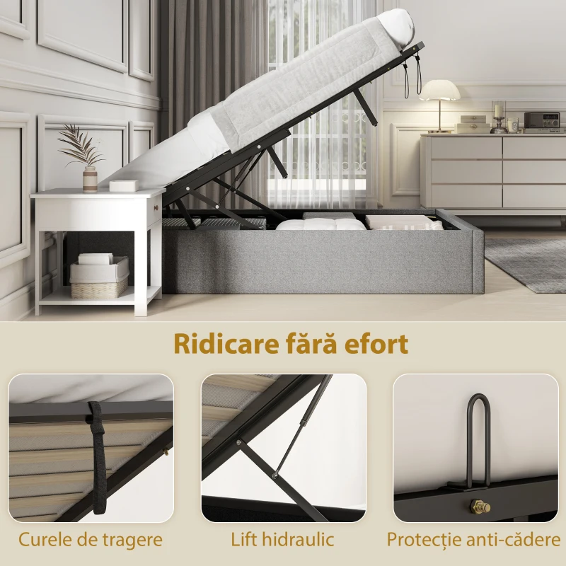 HOMCOM Cadru Pat Matrimonial 140x190 cm, Pat cu Spațiu de Depozitare, Pistoane cu Gaz, Lamele din Lemn, Fără Saltea, Silențios, Ușor de Montat, Înălțime 28 cm, Gri