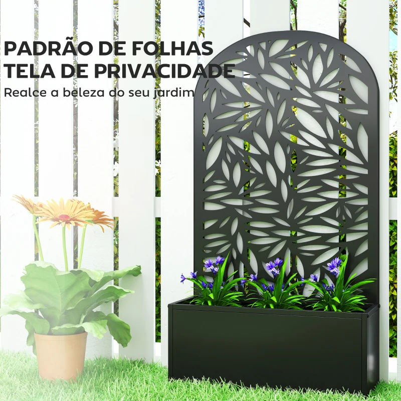 Outsunny Floreira com Painel Decorativo Curvo de Folhas em Metal e Opção de Montagem na Parede 61x23x113 cm Preto