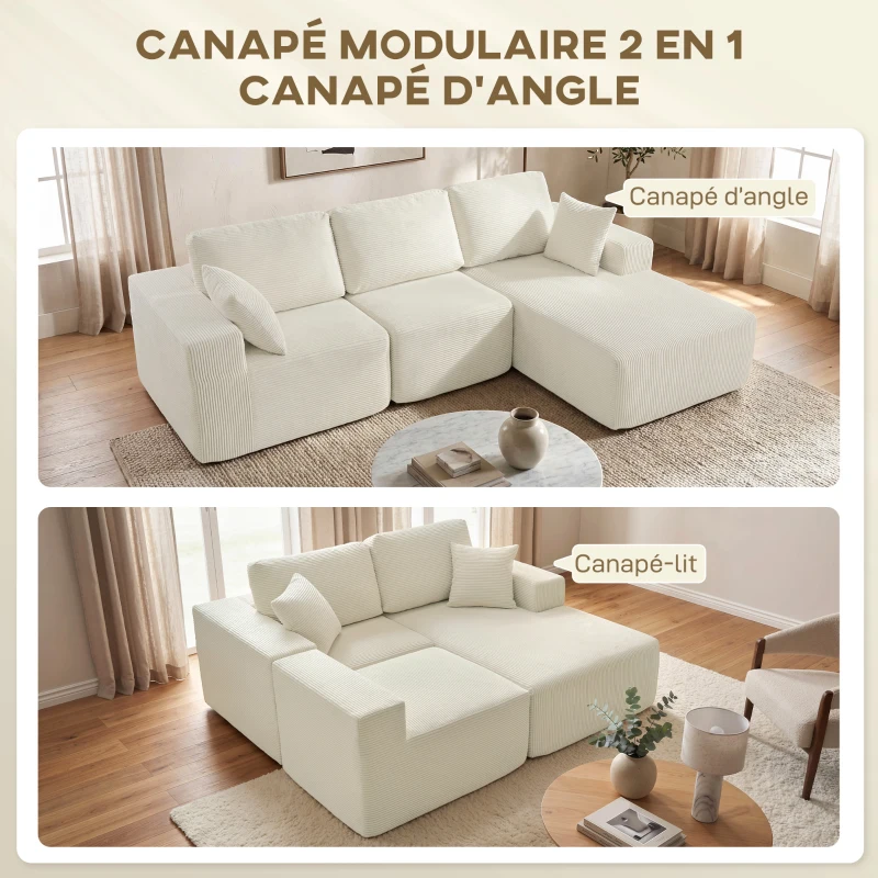HOMCOM Canapé d'angle modulable 2 en 1, 267cm, canapé-lit 3 places en velours côtelé, larges assise et accoudoirs, crème