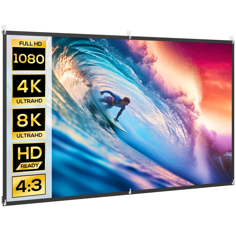 HOMCOM Telo per Proiettore 100" 16:9 HD 4K/8K Pieghevole e Portatile, Antipiega e Lavabile, Doppia Facciata, Bianco