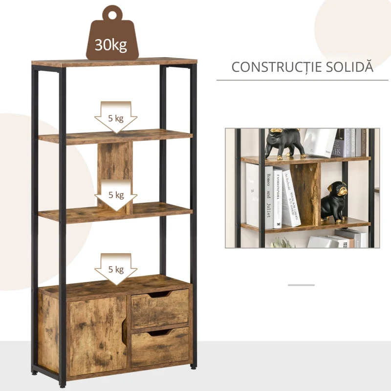 HOMCOM Biblioteca cu 3 Rafturi, Dulap si 2 Sertare