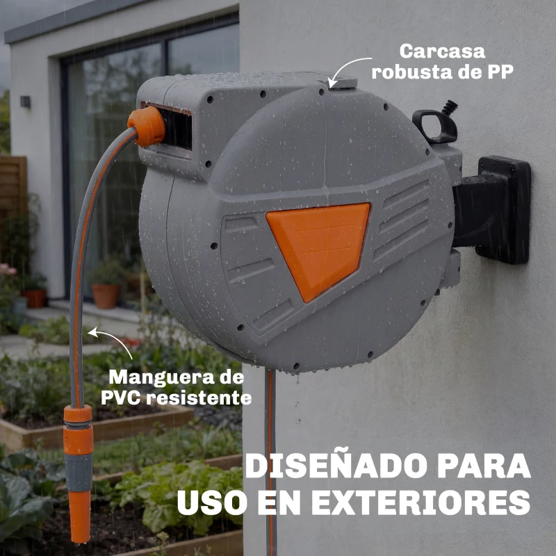 Outsunny Dévidoir de tuyau rétractable 20+1,6 m avec buse 2 modes Blocage automatique Rétraction contrôlée Support Orange