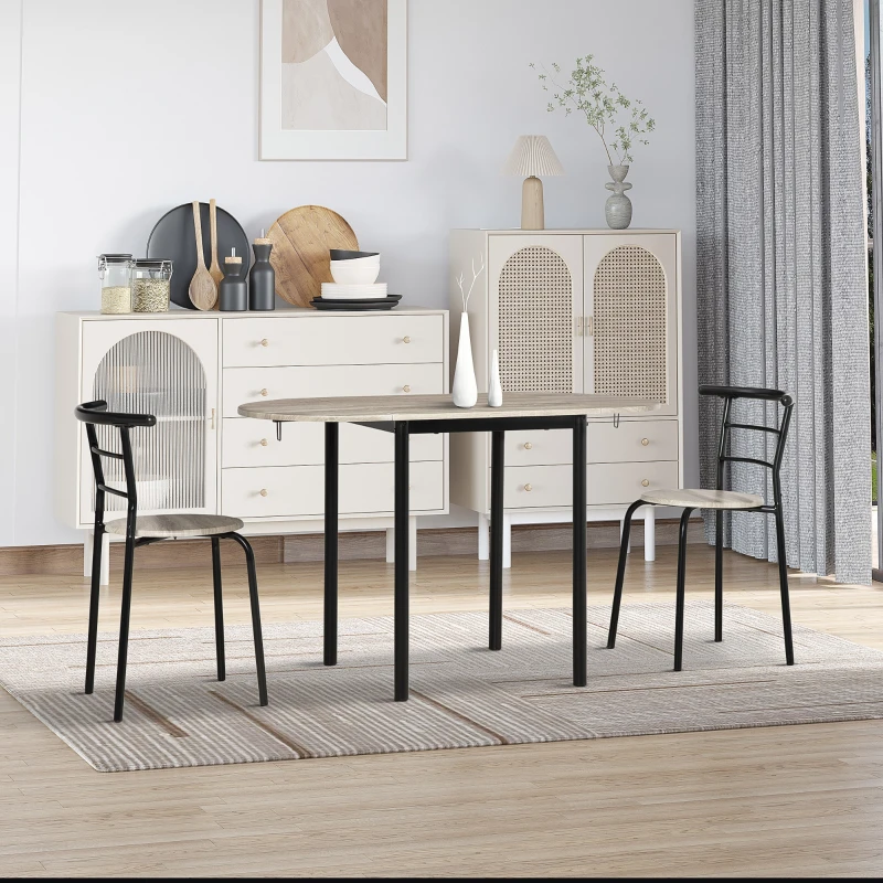 HOMCOM Conjunto Mesa Oval Extensível e 2 Cadeiras Mesa de Folha Metal e MDF Preto e Natural