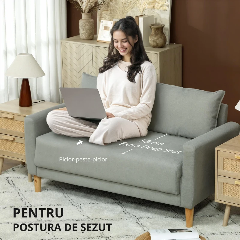 HOMCOM Canapea cu 2 Locuri, Brațe, Compartiment de Depozitare și 2 Perne, 140x72x82 cm, Gri(m-6)
