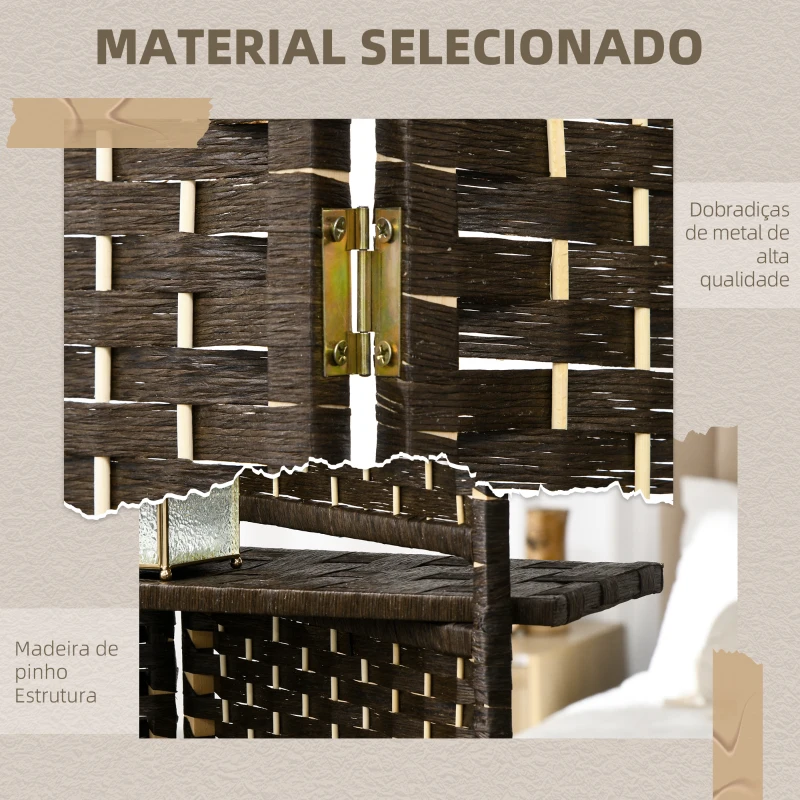 HOMCOM Biombo Separador de Ambientes 4 Painéis 160x170 cm com 2 Prateleiras Dobrável de Fibra de Papel Castanho
