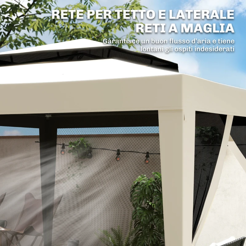 Outsunny Gazebo da Giardino 3x3m con Zanzariera, Doppio Tetto e Telaio in Metallo, Beige