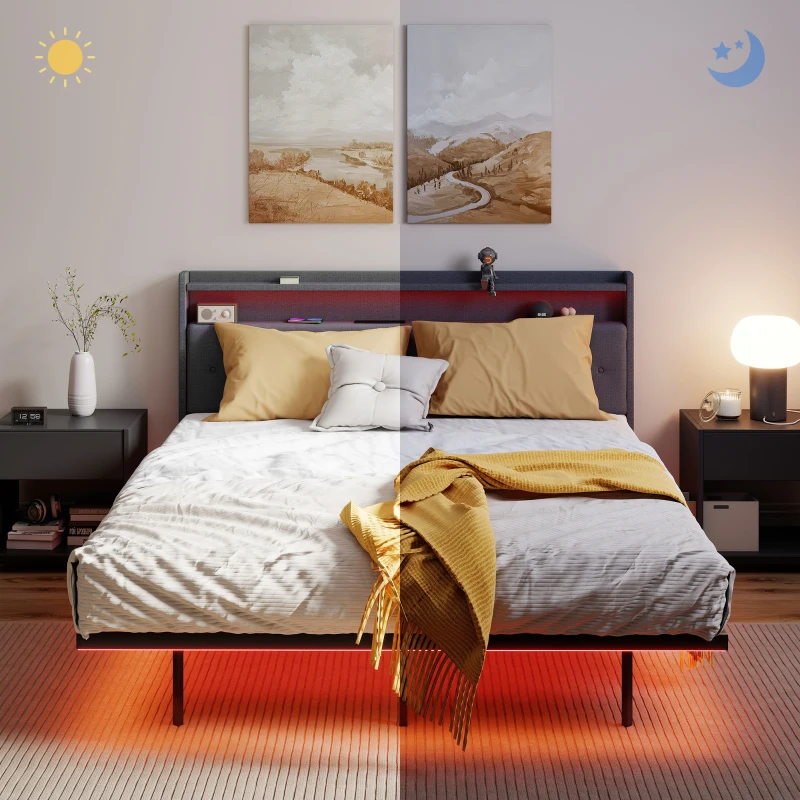 HOMCOM Telaio letto 160x200 cm con luci LED RGB e stazione di ricarica, Grigio
