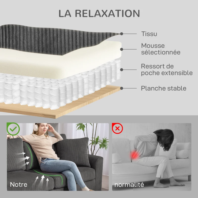 HOMCOM Canapé 3 places 212 cm avec 2 coussins à ressorts, tissu velours côtelé, pour salon, chambre, bureau à domicile, gris foncé