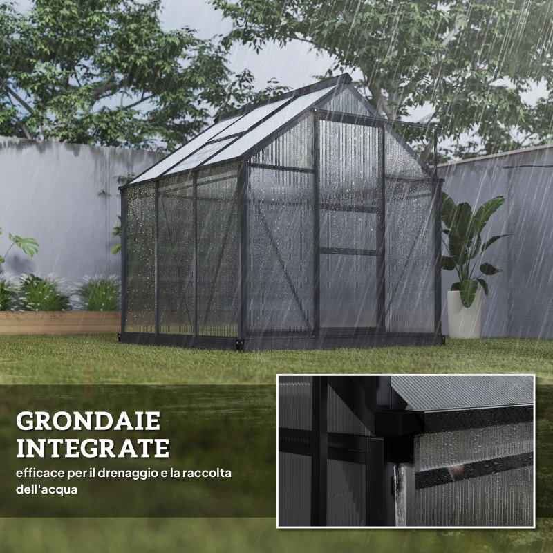 Outsunny Serra in Policarbonato e Alluminio con Porta Scorrevole, Presa d'Aria e Grondaia, 1.9x1.9x2m, Grigio