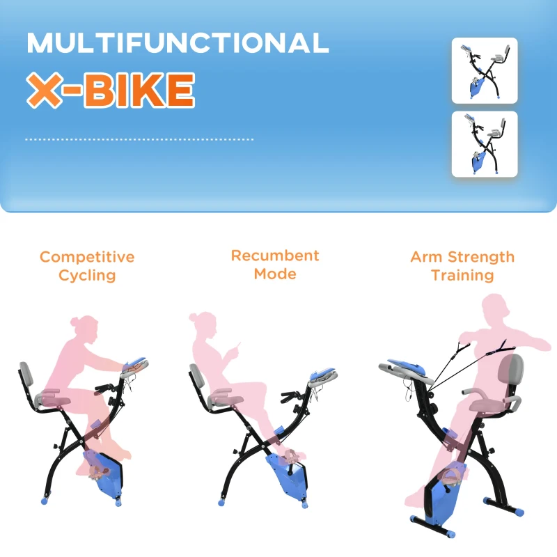 HOMCOM hometrainer 2-in-1 fietstrainer LCD display opvouwbare hometrainer hometrainer met 8 niveaus instelbare magnetische weerstand en 1 paar spankoorden blauw+grijs 97x51x115 cm(m-8)