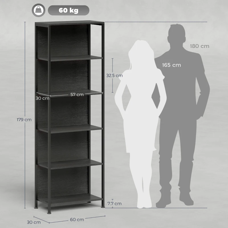 HOMCOM Bibliotecă cu 5 Rafturi, Verticală cu Iluminare LED în 7 Culori, Economisire Spațiu pentru Living, Dormitor și Birou, 60x30x179 cm, Negru