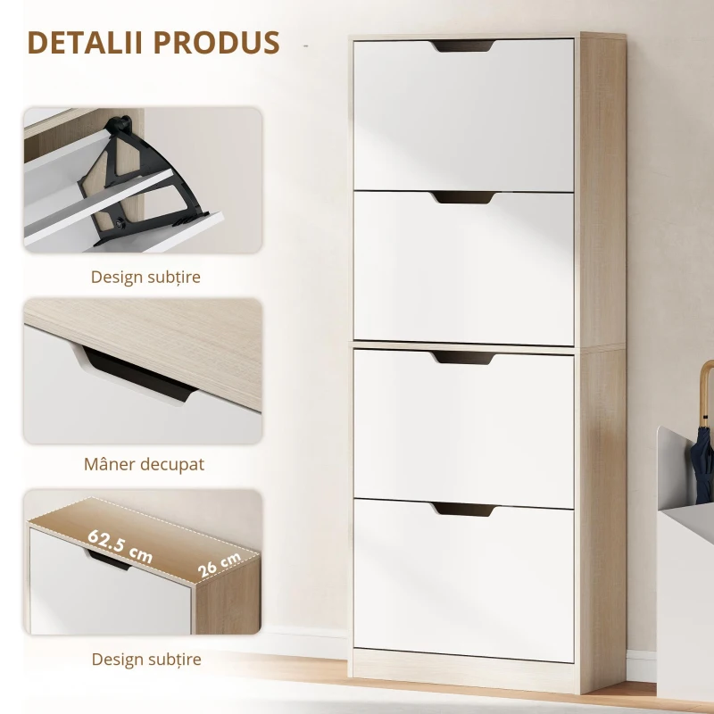 HOMCOM Dulap Subțire pentru Pantofi cu 4 Sertare pentru 20 de Perechi de Pantofi 62.5x26x156 cm, Culoare Lemn și Alb