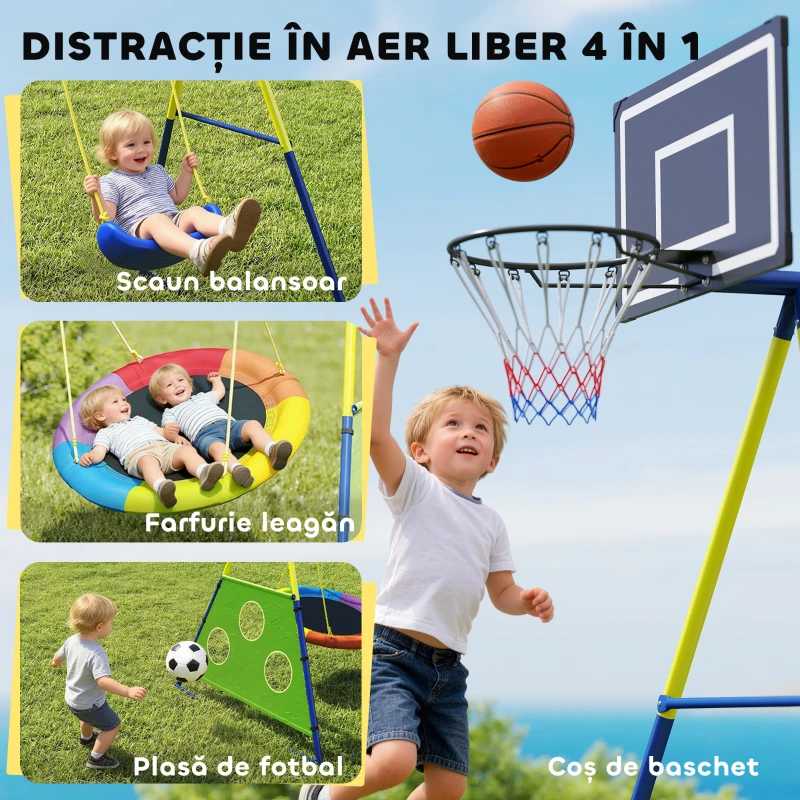 AIYAPLAY Set Leagăne de Grădină 4-în-1 pentru Copii cu Leagăne Duble, Coș de Baschet, Poartă de Fotbal, Cadru Metalic în Formă de A, Capacitate 150 kg, pentru Exterior, 3-8 Ani, 288x160x220 cm