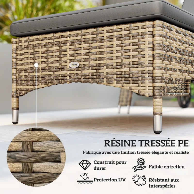 Outsunny Lot de 2 transats bains de soleil : matelas, têtière, inclinaison réglable roulettes + table basse verre trempé gris foncé