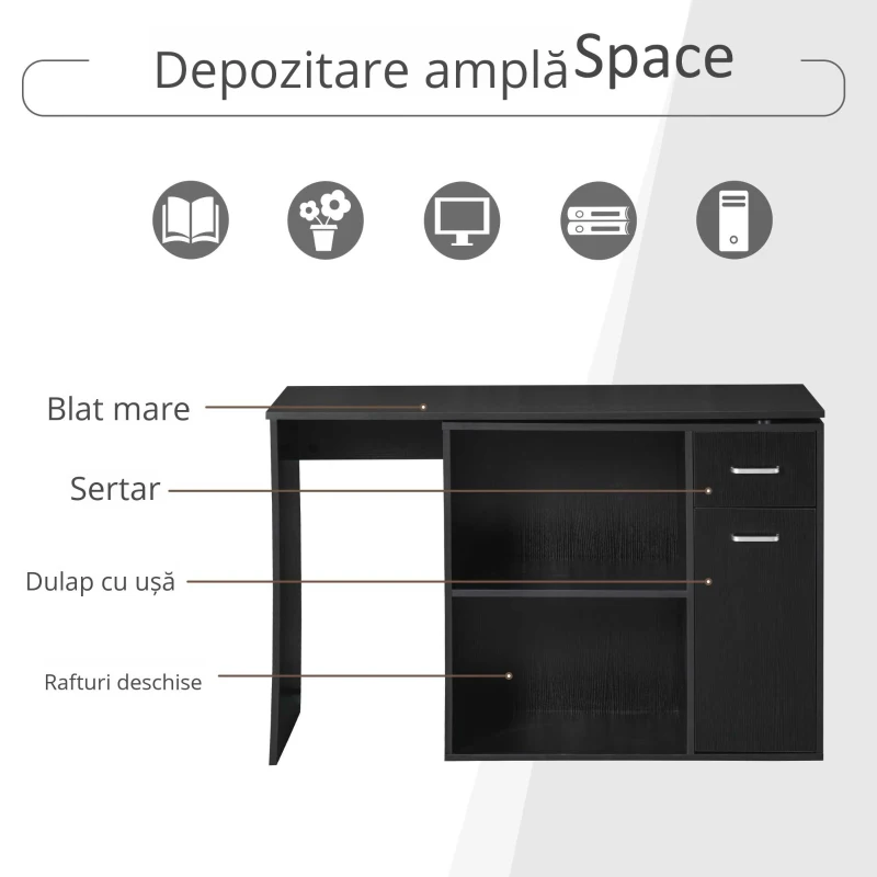 Homcom Birou Colt 117×82×74 cm – Negru cu 2 Sertare & 2 Rafturi(m-6)