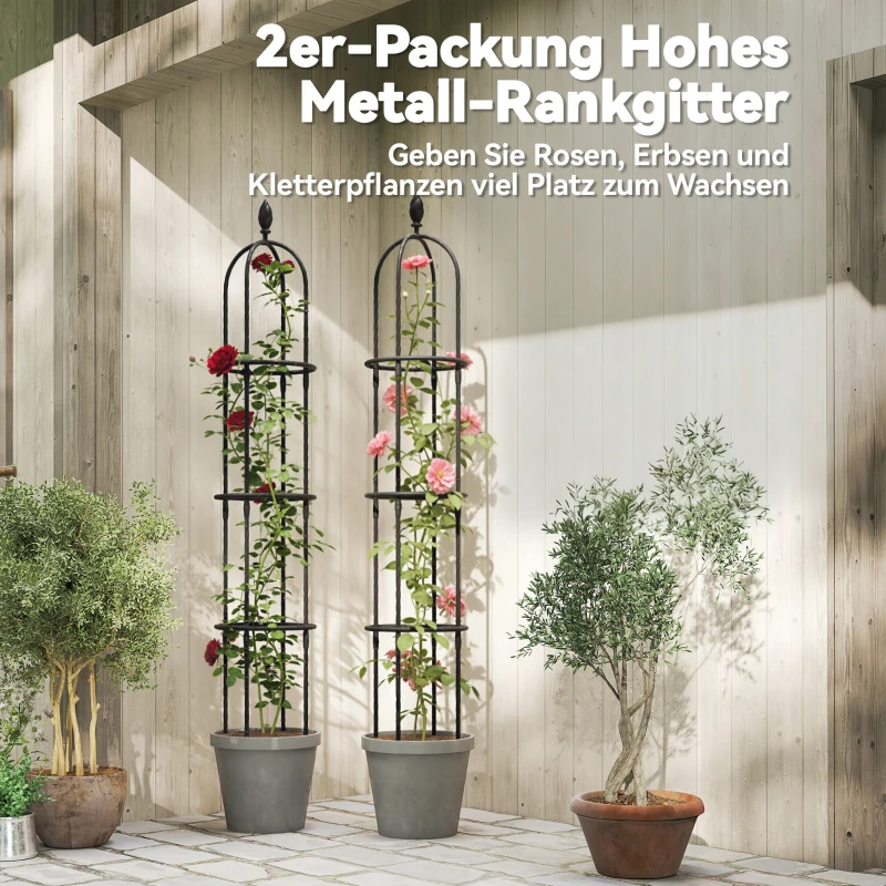 Outsunny Garten Rankhilfe 2er Set 174 cm Obelisk Rankhilfe aus Stahl Abnehmbar Pflanzenstütze für Kletterpflanzen Rose