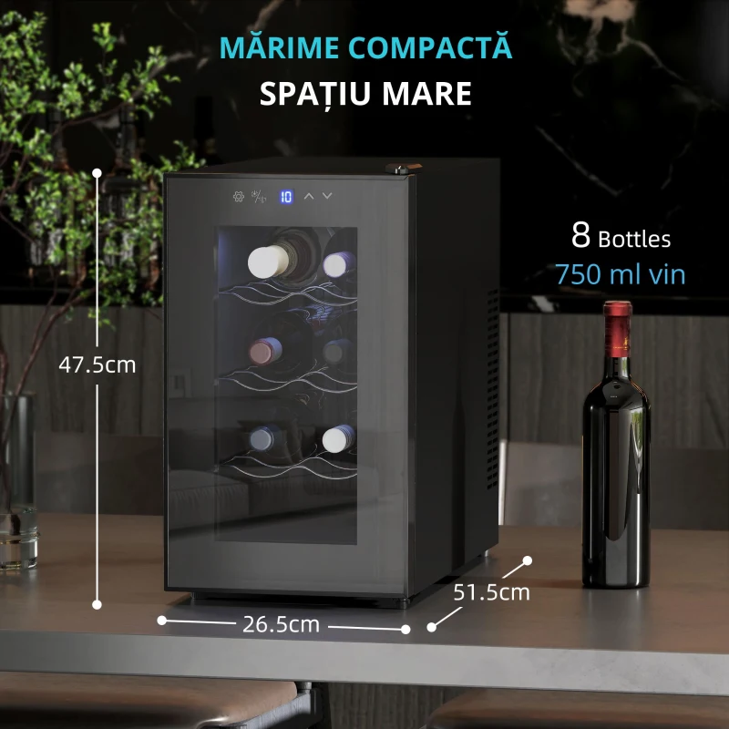 HOMCOM Frigider pentru Vinuri Refrigerat pentru 8 Sticle, Capacitate 21L, Display Touch și Rafturi Reglabile, Negru