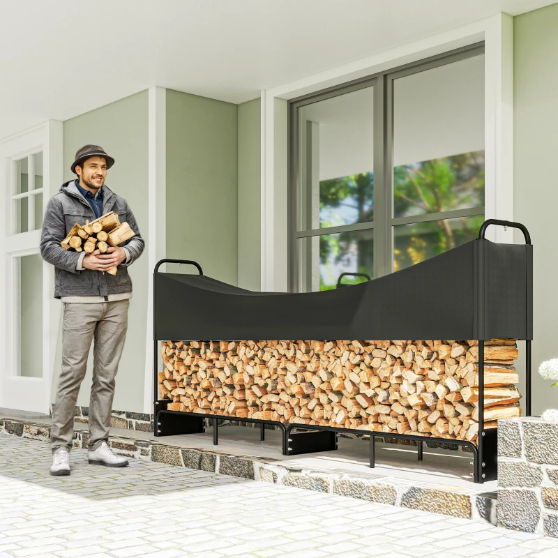 Outsunny Range bûches extérieur, abri bois de chauffage couverture imperméable 600D Oxford charge 300 kg 260 x 38 x 118 cm noir