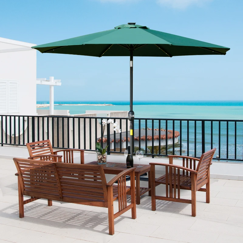 Outsunny 2.7m Patio Garden Umbrella Outdoor Parasol with Tilt Crank and 24 LEDs Lights (Green)