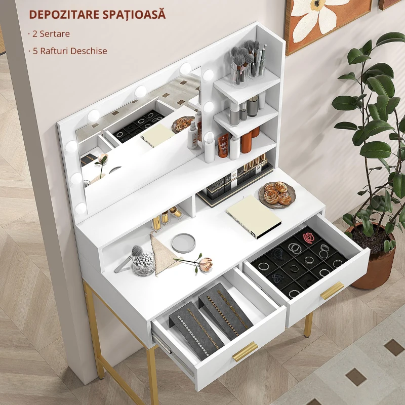 HOMCOM Masă de Machiaj cu Oglindă LED și Scaun, 2 Sertare, 5 Rafturi, pentru Baie, Alb