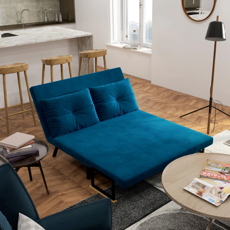 HOMCOM Sofá Cama Sofá Convertível em Cama de 2 Lugares Dobrável com Encosto Ajustável em 5 Níveis e 2 Almofadas 102x73x81 cm Azul