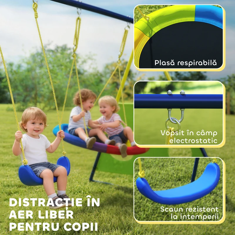 AIYAPLAY Set Leagăne de Grădină 4-în-1 pentru Copii cu Leagăne Duble, Coș de Baschet, Poartă de Fotbal, Cadru Metalic în Formă de A, Capacitate 150 kg, pentru Exterior, 3-8 Ani, 288x160x220 cm