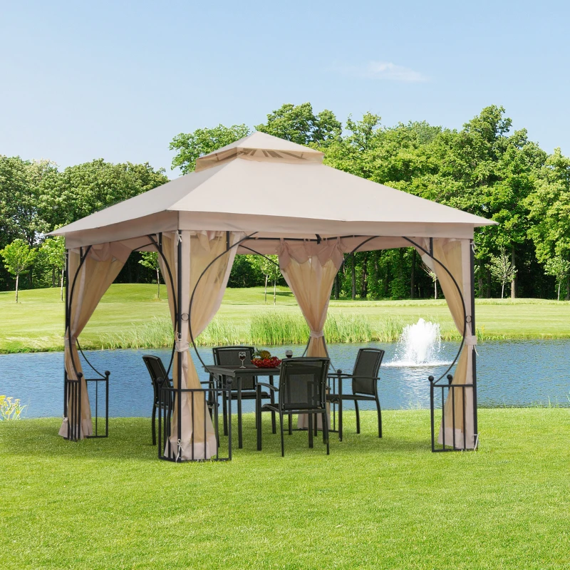 Outsunny 3 x 3(m) Garden Gazebo Patio Party Tent Shelter Outdoor Canopy Double Tier Sun Shade Metal Frame Netting, Beige